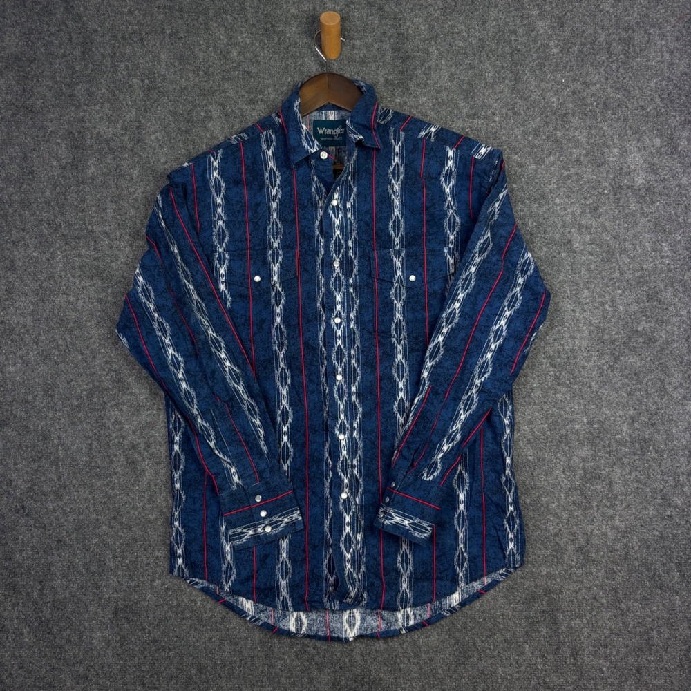 Wrangler Western Shirt Mens Medium Blue Geometric Ikat Stripe Pearl Snap LS